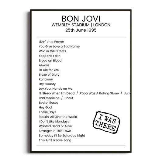 Bon Jovi London 25 June 1995 Setlist Poster