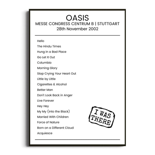 Oasis Stuttgart 28 November 2002 Setlist Poster