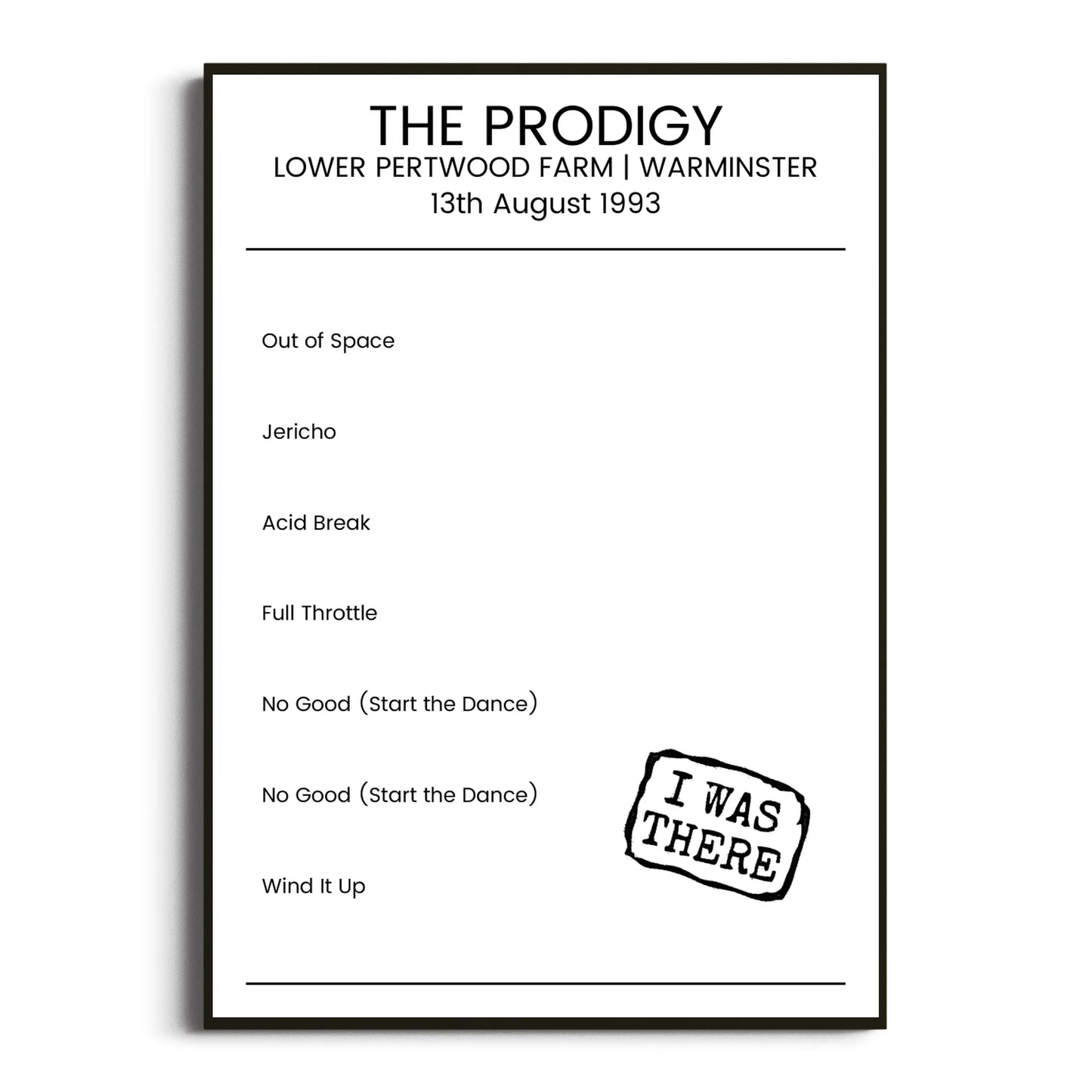 The Prodigy Warminster 13 August 1993 Setlist Poster