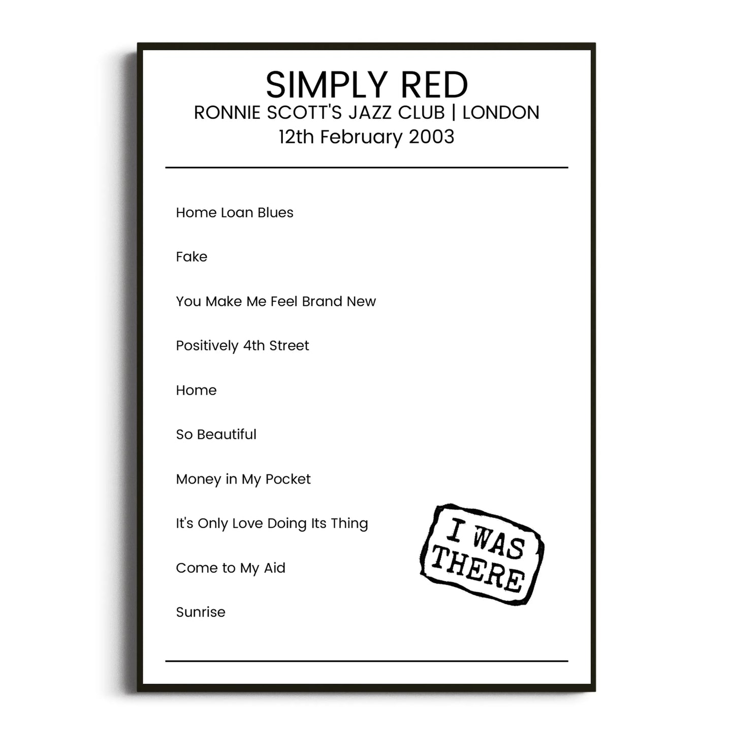 Simply Red London 12 February 2003 Setlist Poster