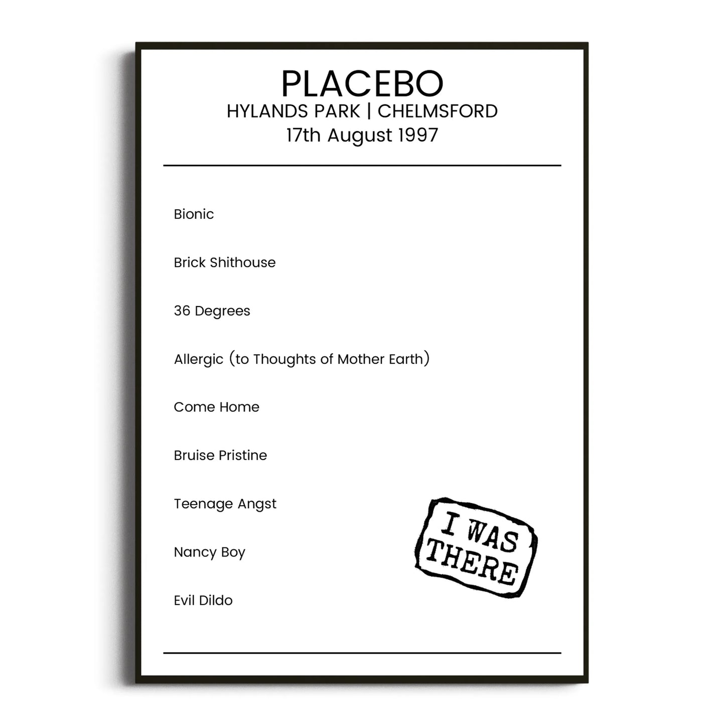 Placebo Chelmsford 17 August 1997 Setlist Poster