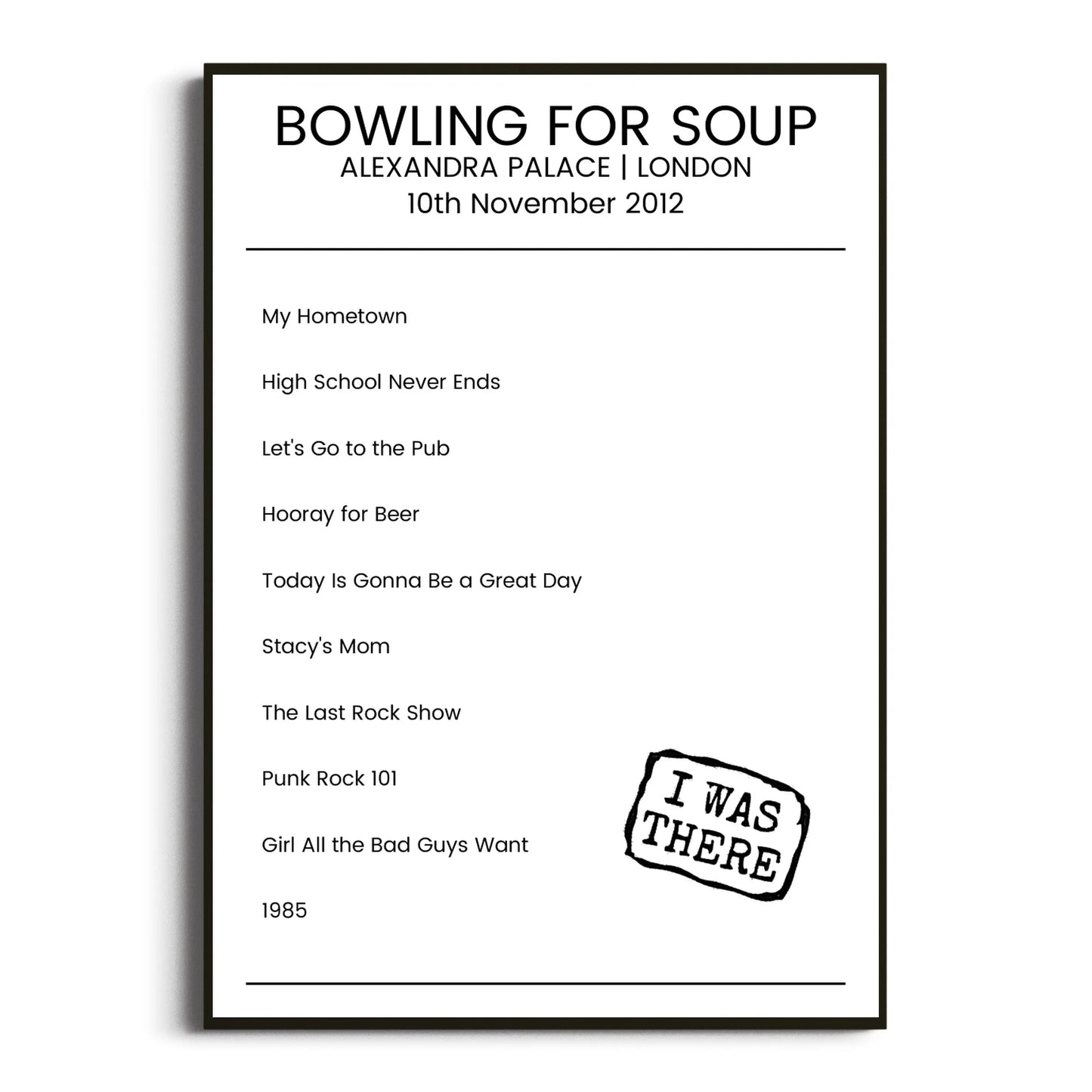 Bowling for Soup London 10 November 2012 Setlist Poster