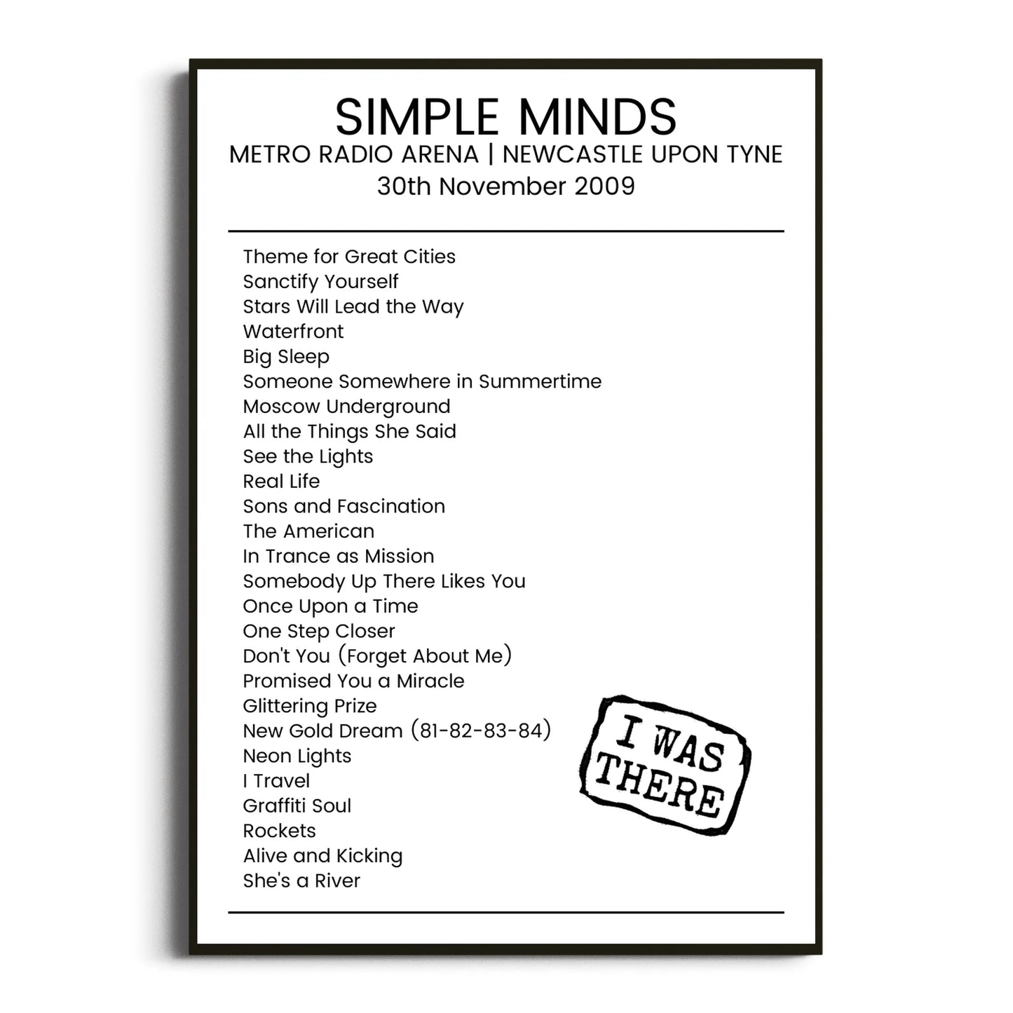 Simple Minds Newcastle upon Tyne 30 November 2009 Setlist Poster