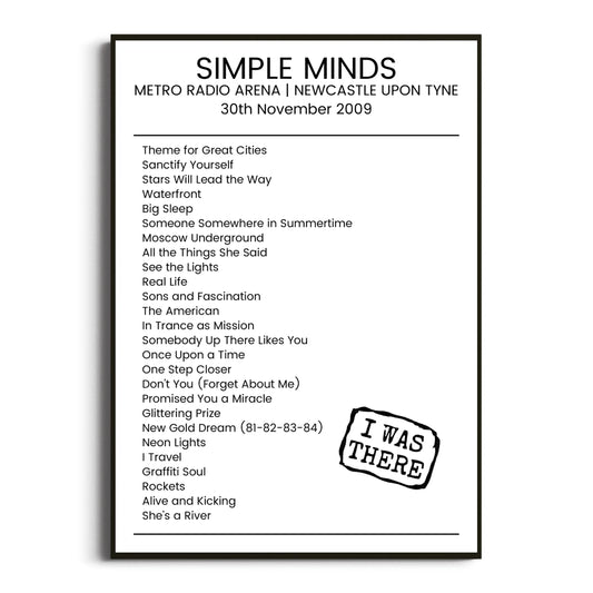 Simple Minds Newcastle upon Tyne 30 November 2009 Setlist Poster