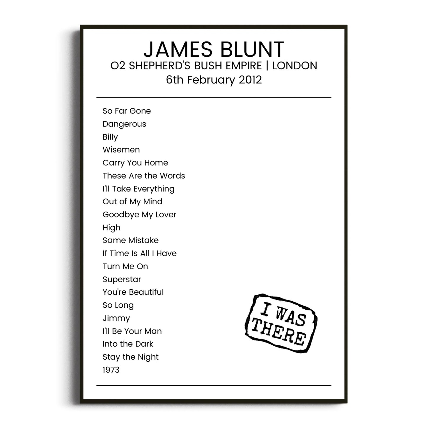 James Blunt London 06 February 2012 Setlist Poster