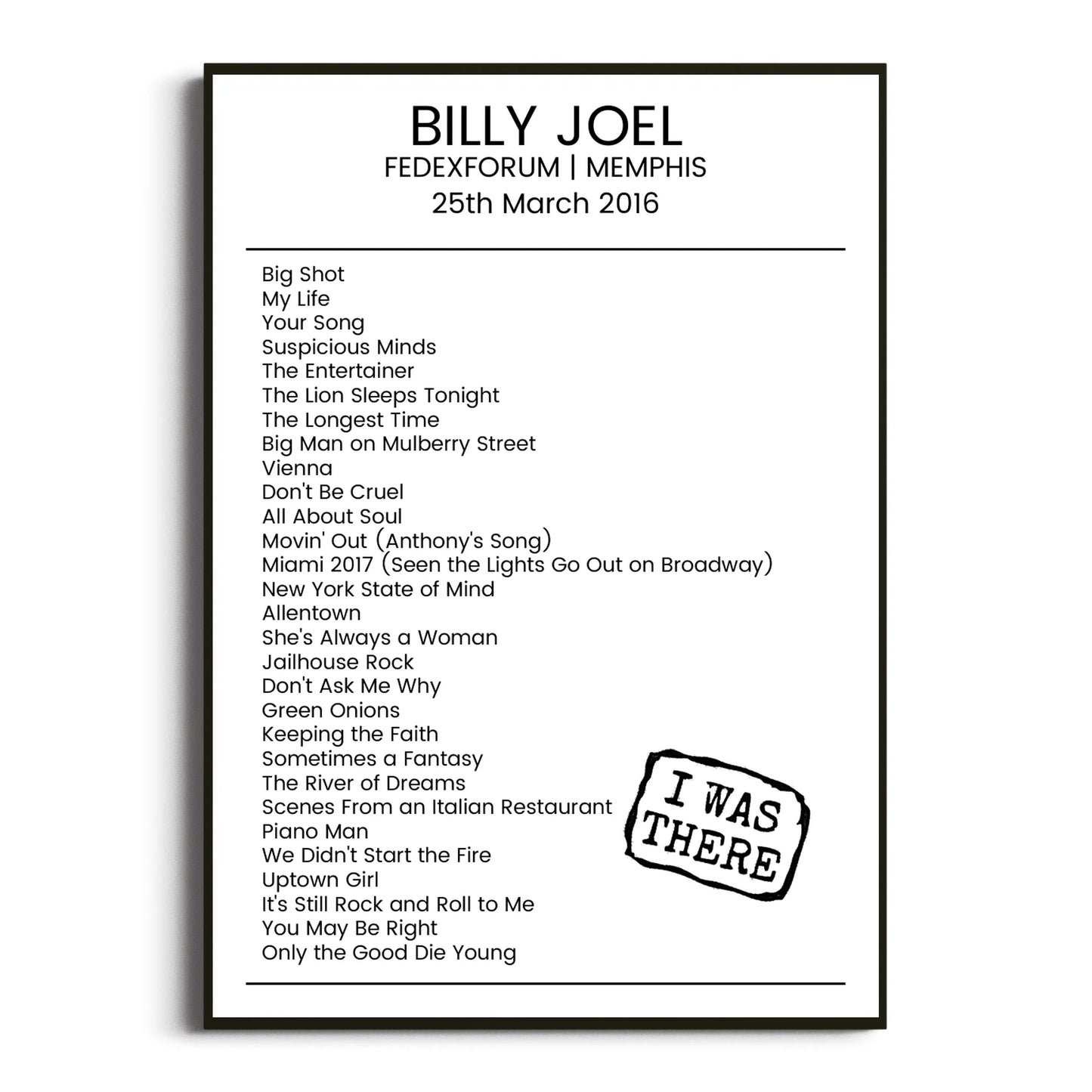 Billy Joel Memphis 25 March 2016 Setlist Poster