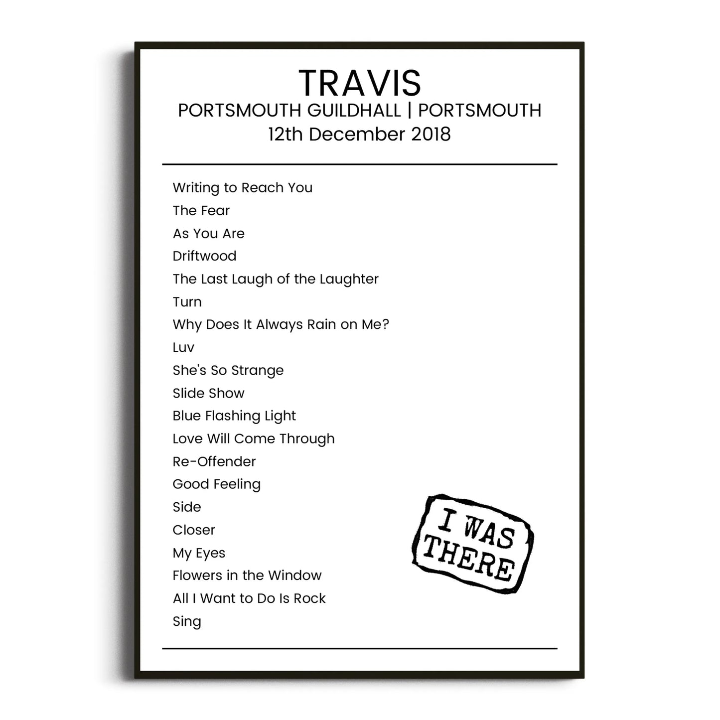 Travis Portsmouth 12 December 2018 Setlist Poster