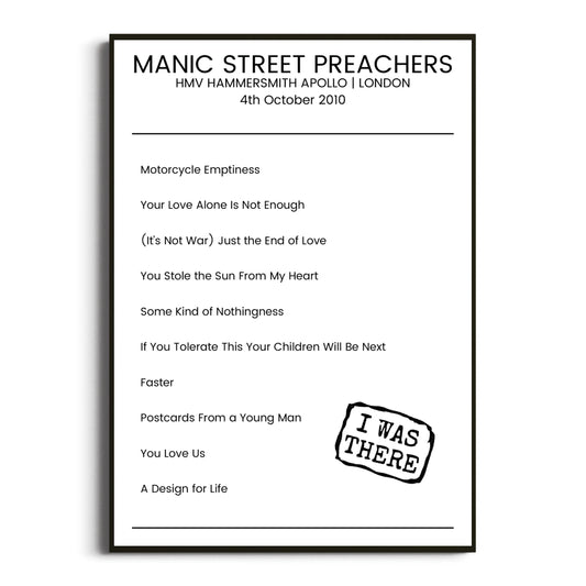 Manic Street Preachers London 04 October 2010 Setlist Poster