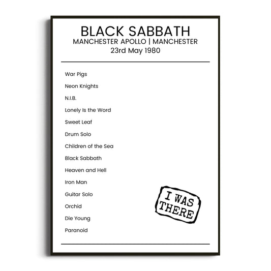 Black Sabbath Manchester 23 May 1980 Setlist Poster