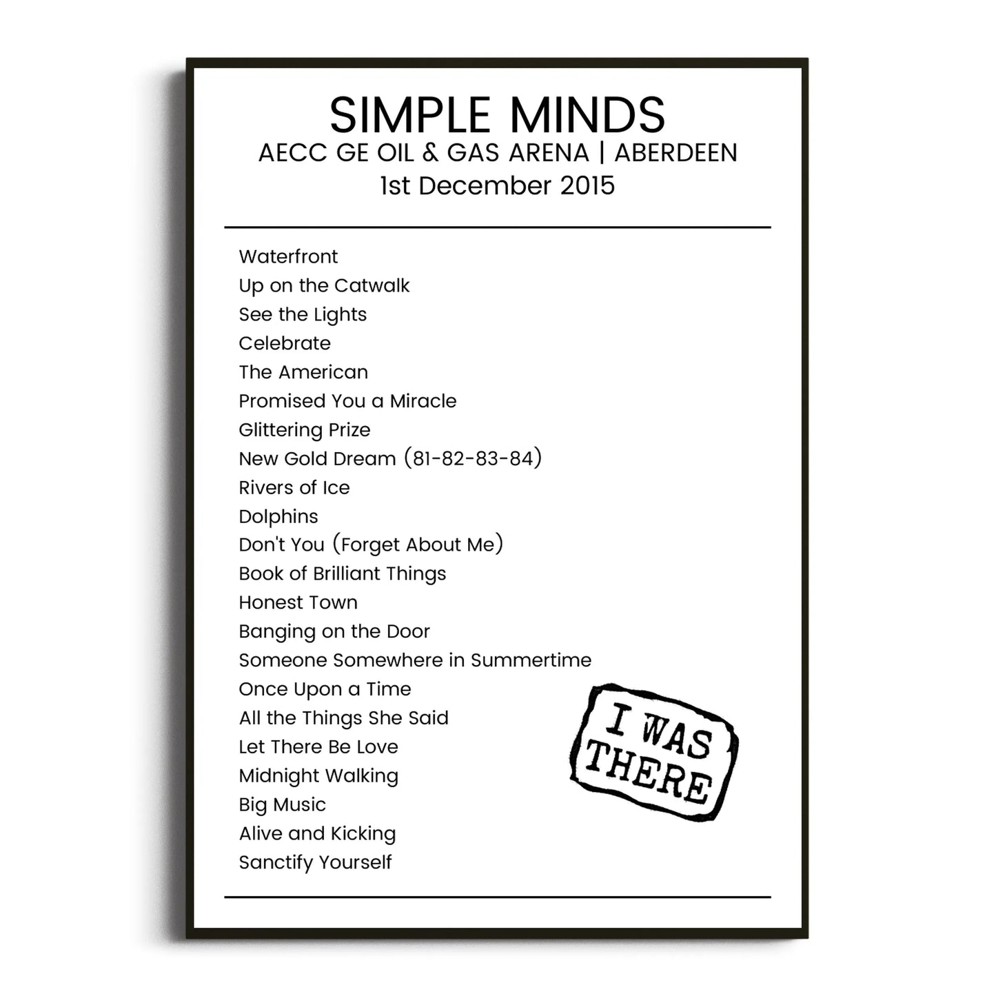 Simple Minds Aberdeen 01 December 2015 Setlist Poster