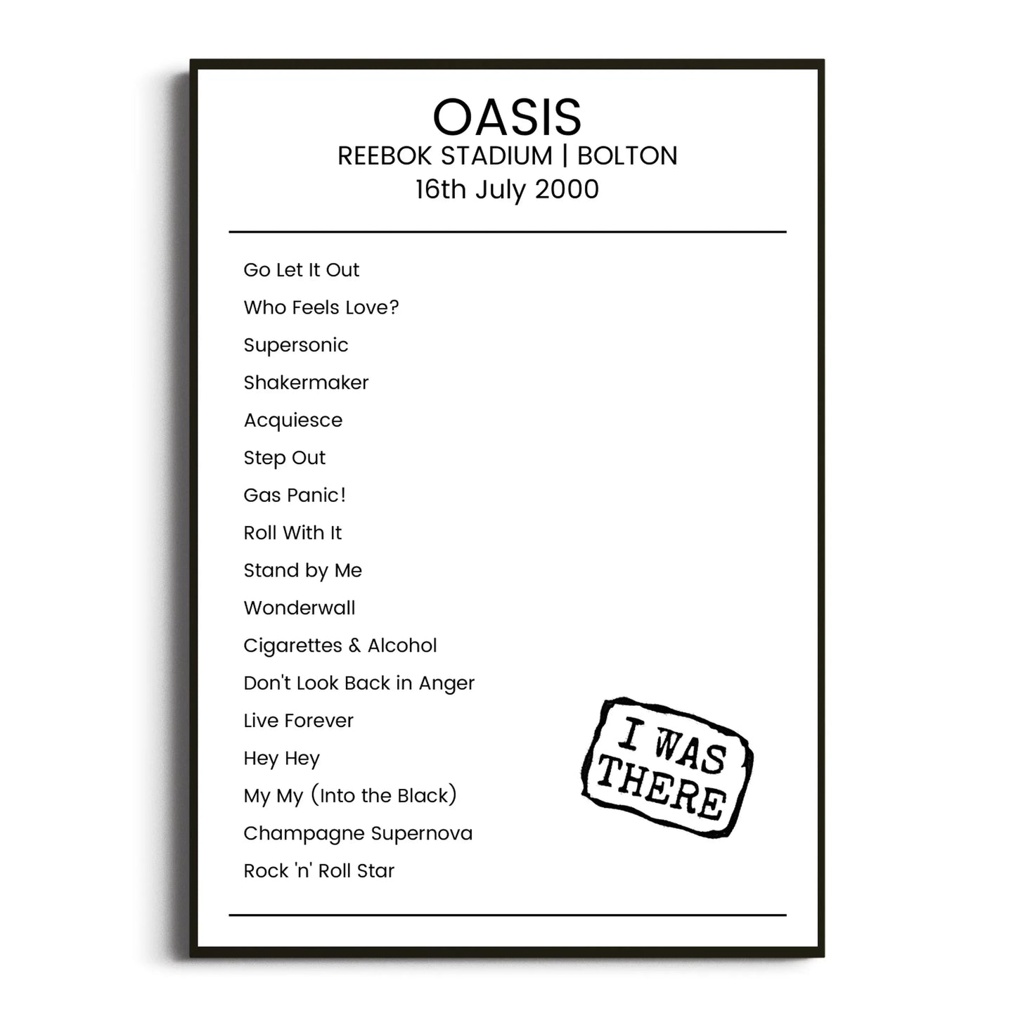 Oasis Bolton 16 July 2000 Setlist Poster