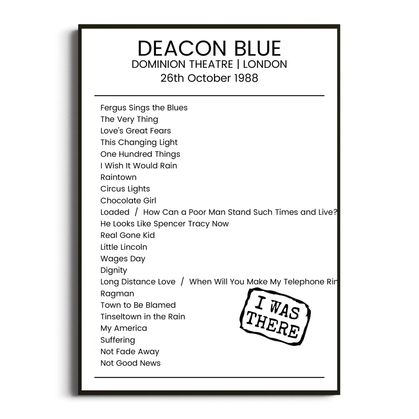 Deacon Blue London 26 October 1988 Setlist Poster