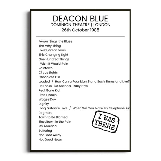 Deacon Blue London 26 October 1988 Setlist Poster