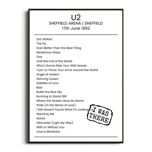 U2 Sheffield 17 June 1992 Setlist Poster