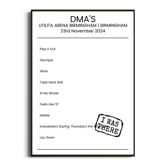 DMA’s Birmingham 23 November 2024 Setlist Poster