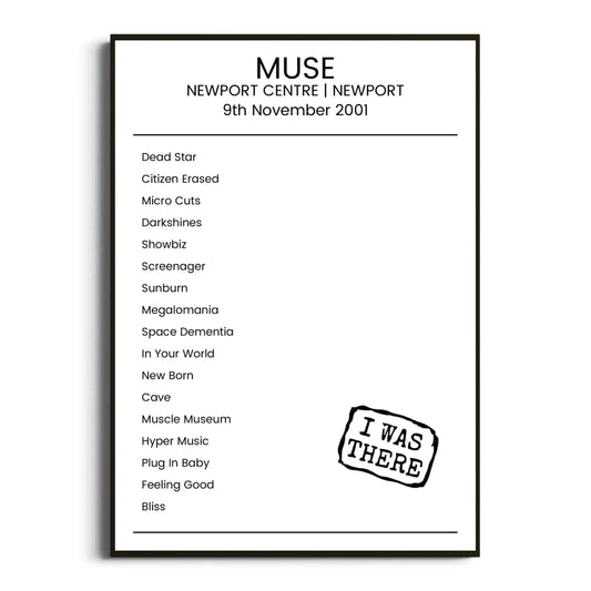 Muse Newport 09 November 2001 Setlist Poster