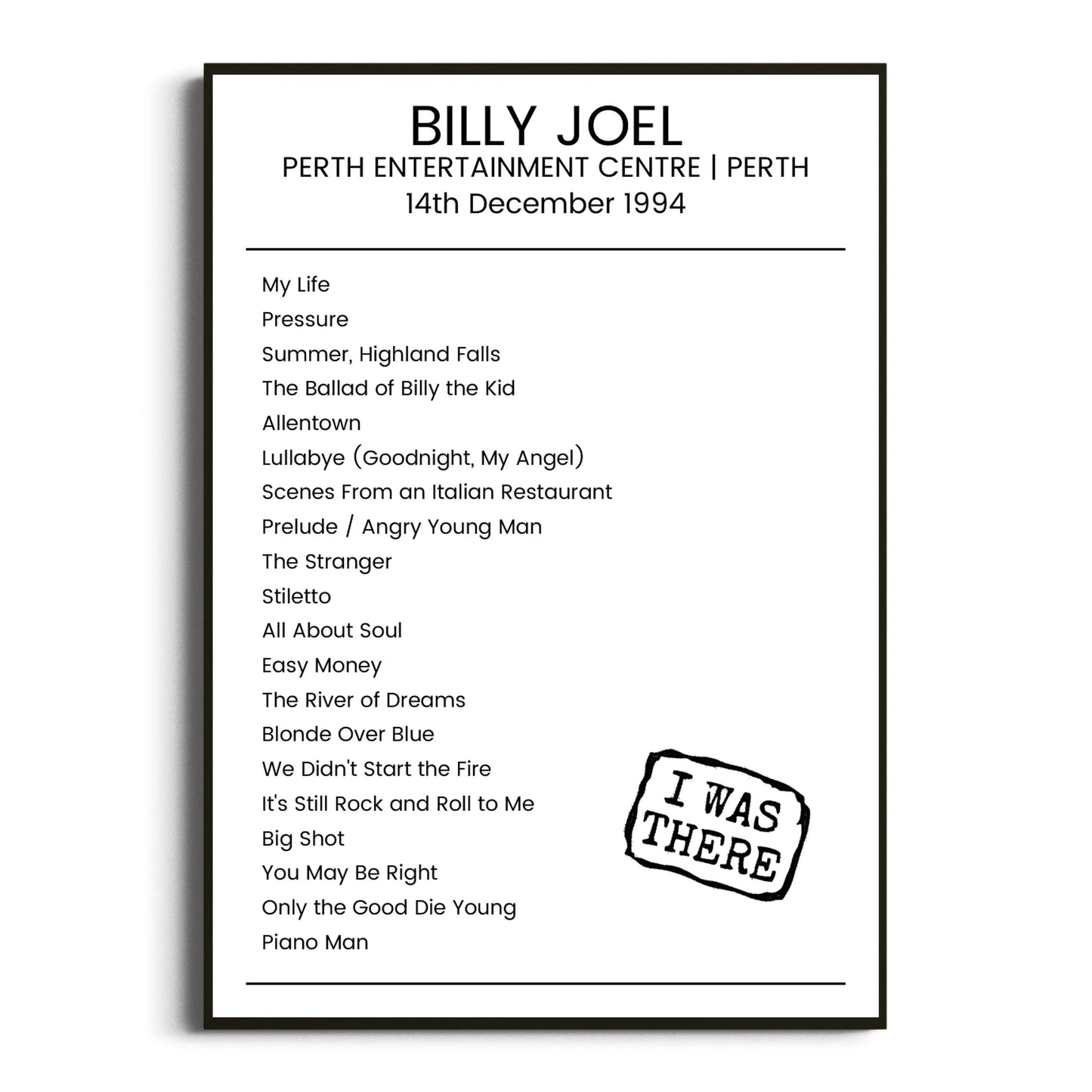 Billy Joel Perth 14 December 1994 Setlist Poster