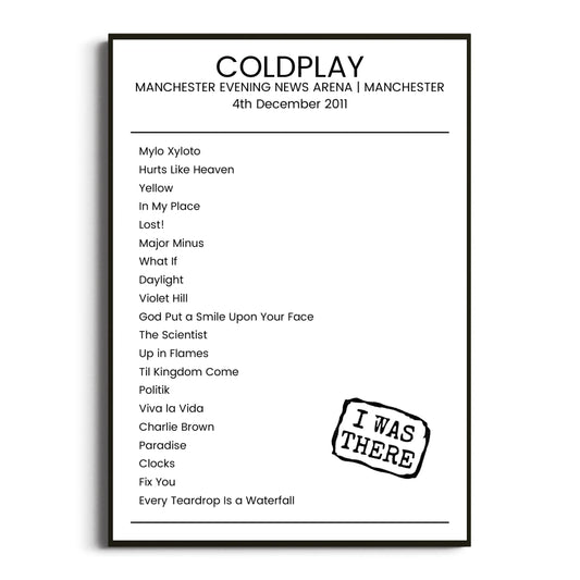 Coldplay Manchester 04 December 2011 Setlist Poster