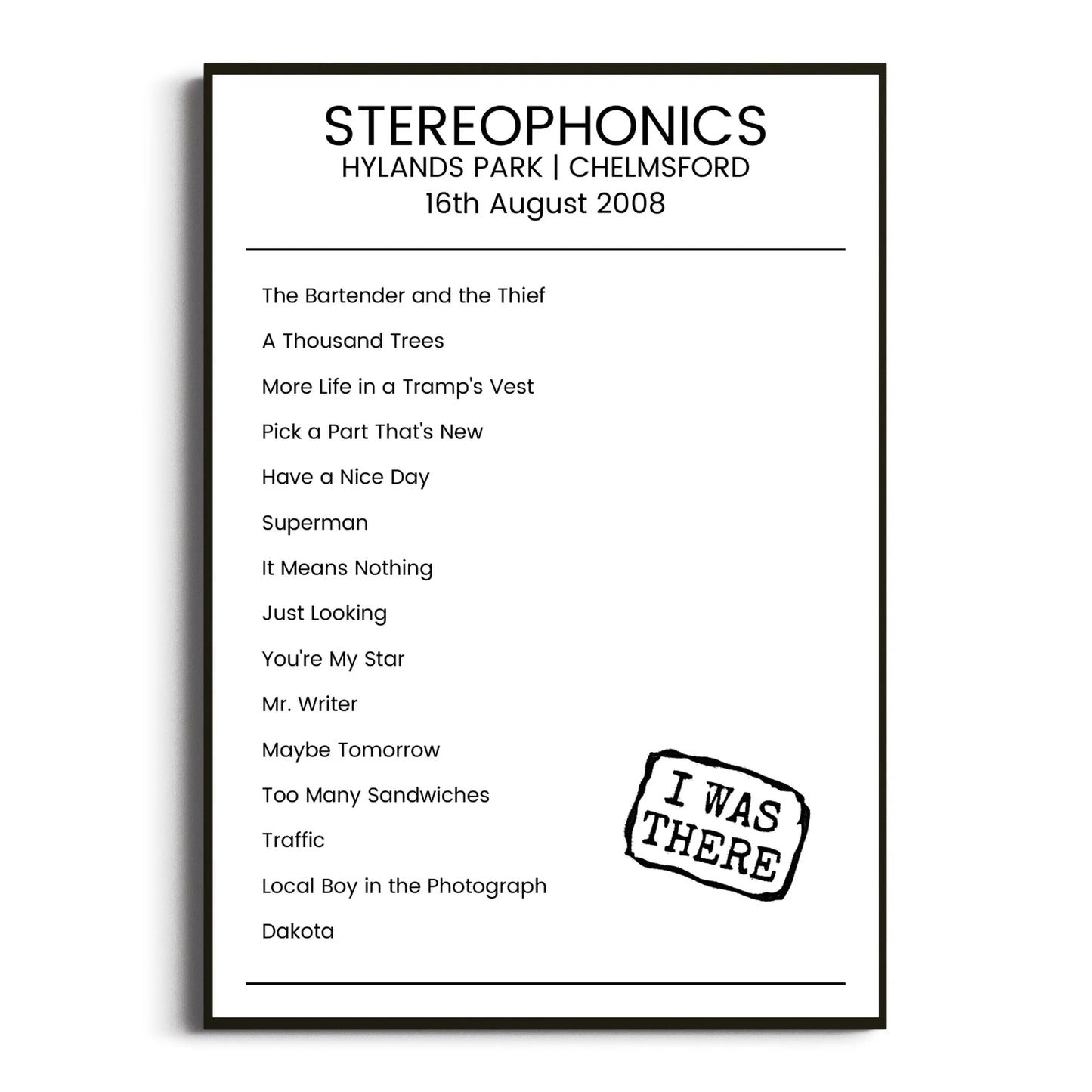 Stereophonics Chelmsford 16 August 2008 Setlist Poster