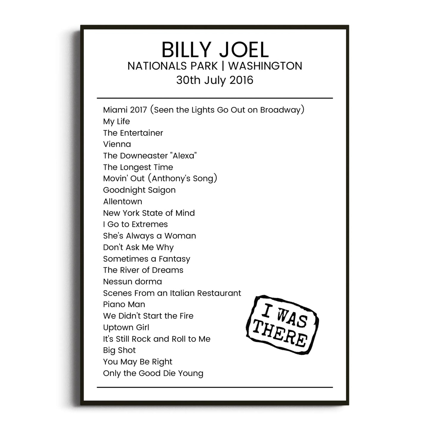 Billy Joel Washington 30 July 2016 Setlist Poster