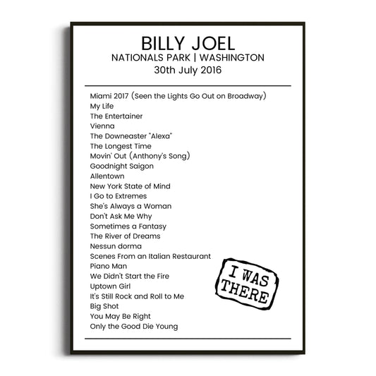 Billy Joel Washington 30 July 2016 Setlist Poster