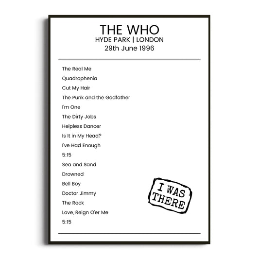 The Who London 29 June 1996 Setlist Poster