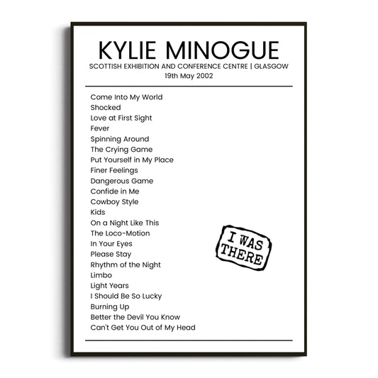 Kylie Minogue Glasgow 19 May 2002 Setlist Poster