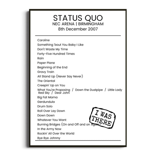 Status Quo Birmingham 08 December 2007 Setlist Poster