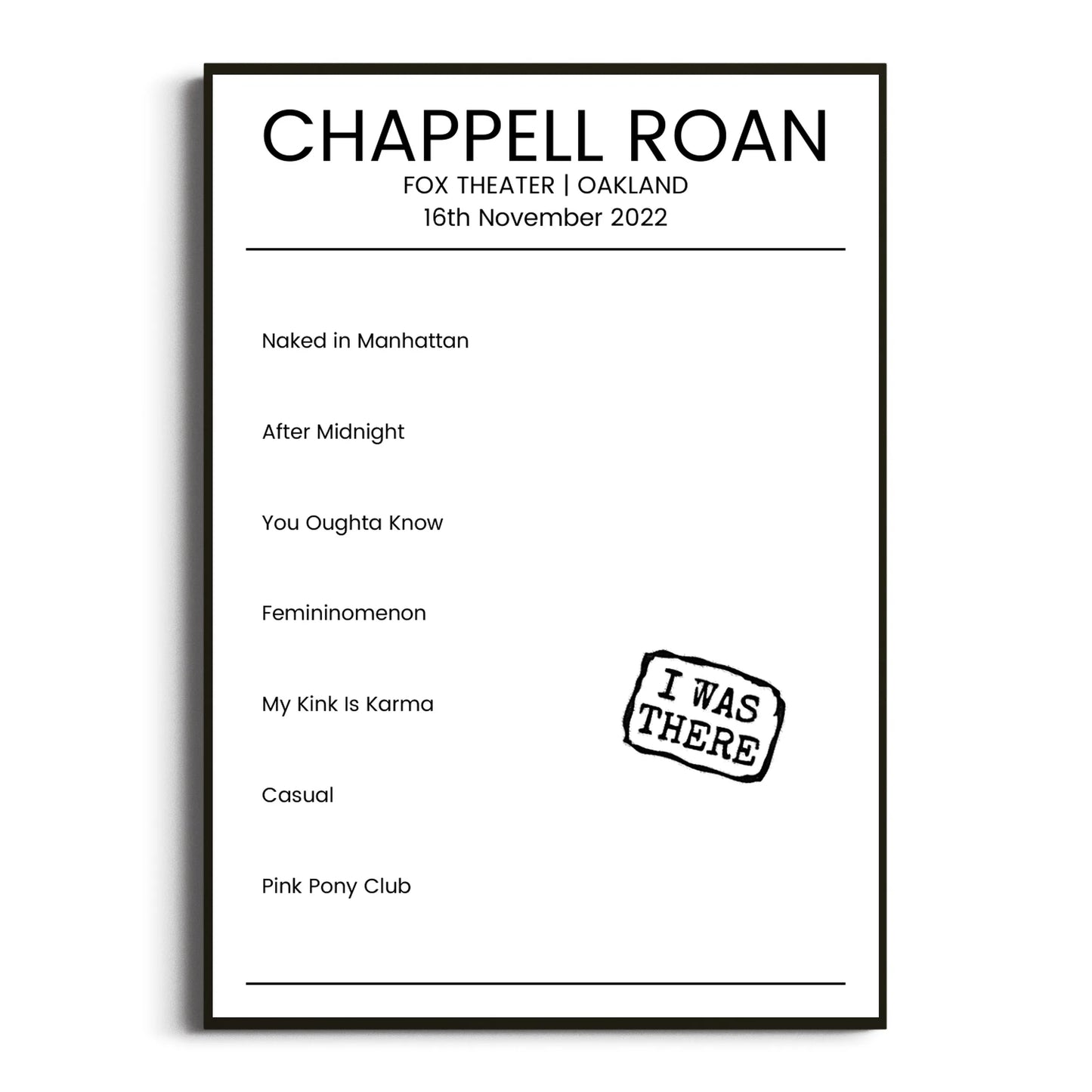 Chappell Roan Oakland 16 November 2022 Setlist Poster