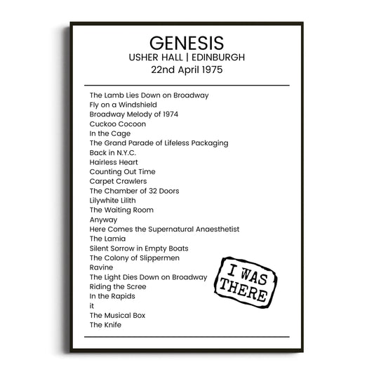 Genesis Edinburgh 22 April 1975 Setlist Poster