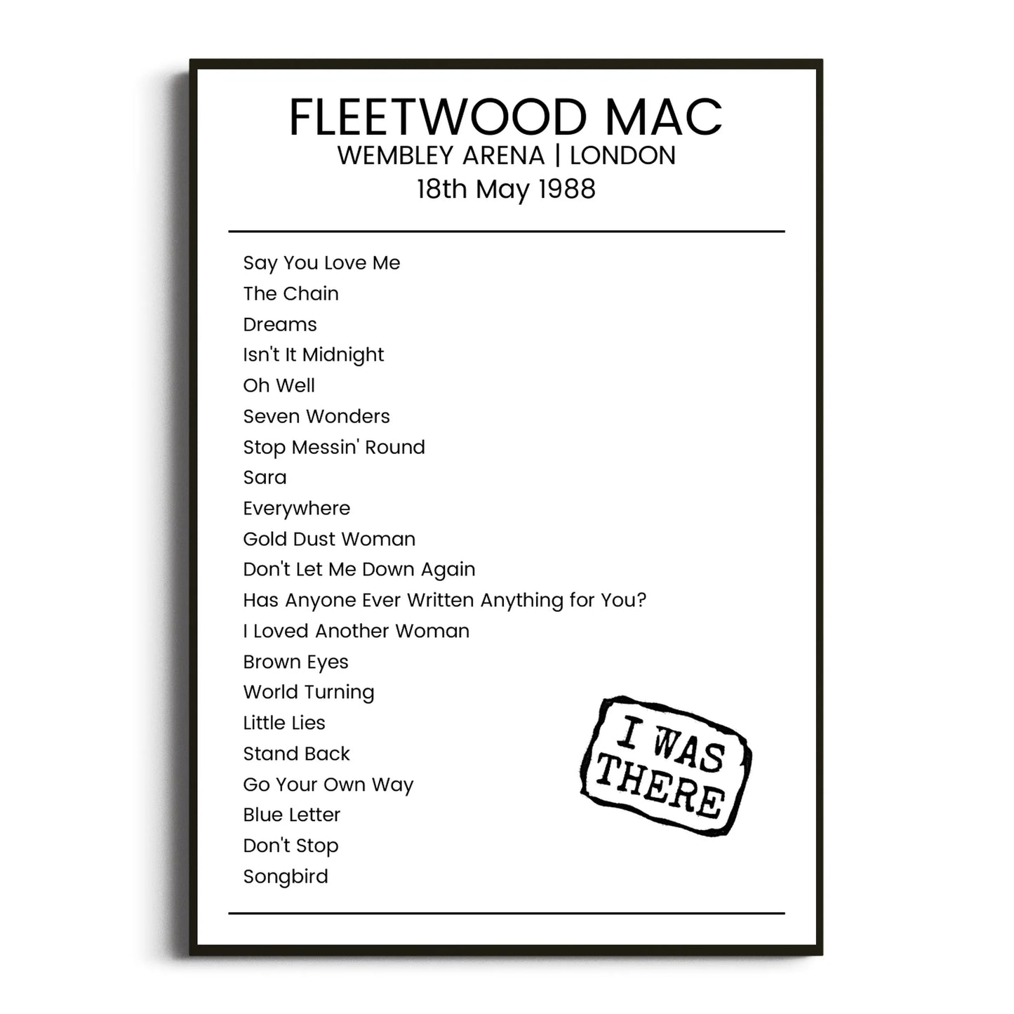 Fleetwood Mac London 18 May 1988 Setlist Poster