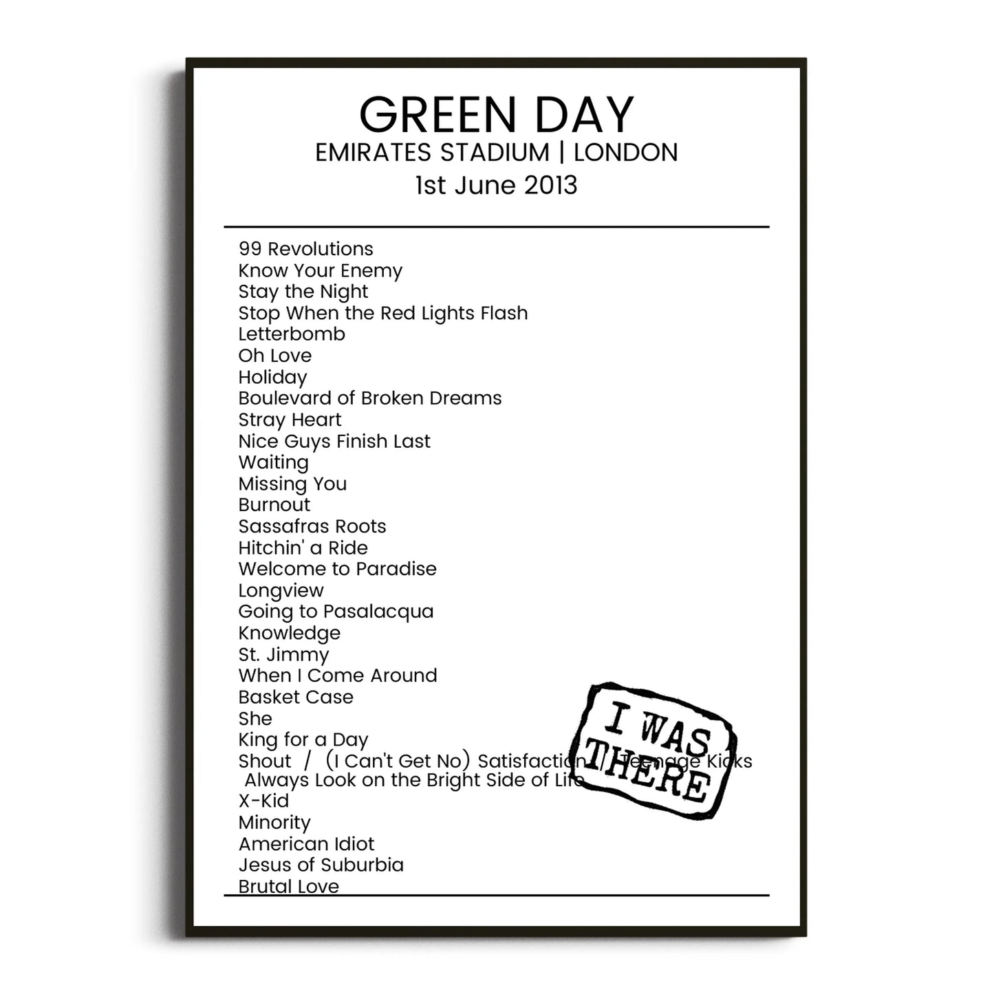 Green Day London 01 June 2013 Setlist Poster