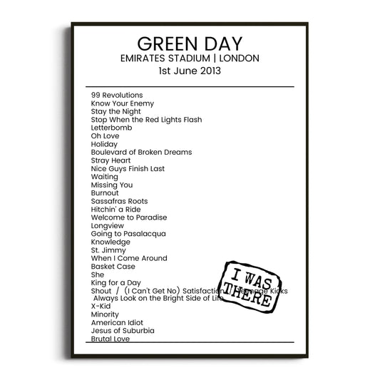 Green Day London 01 June 2013 Setlist Poster