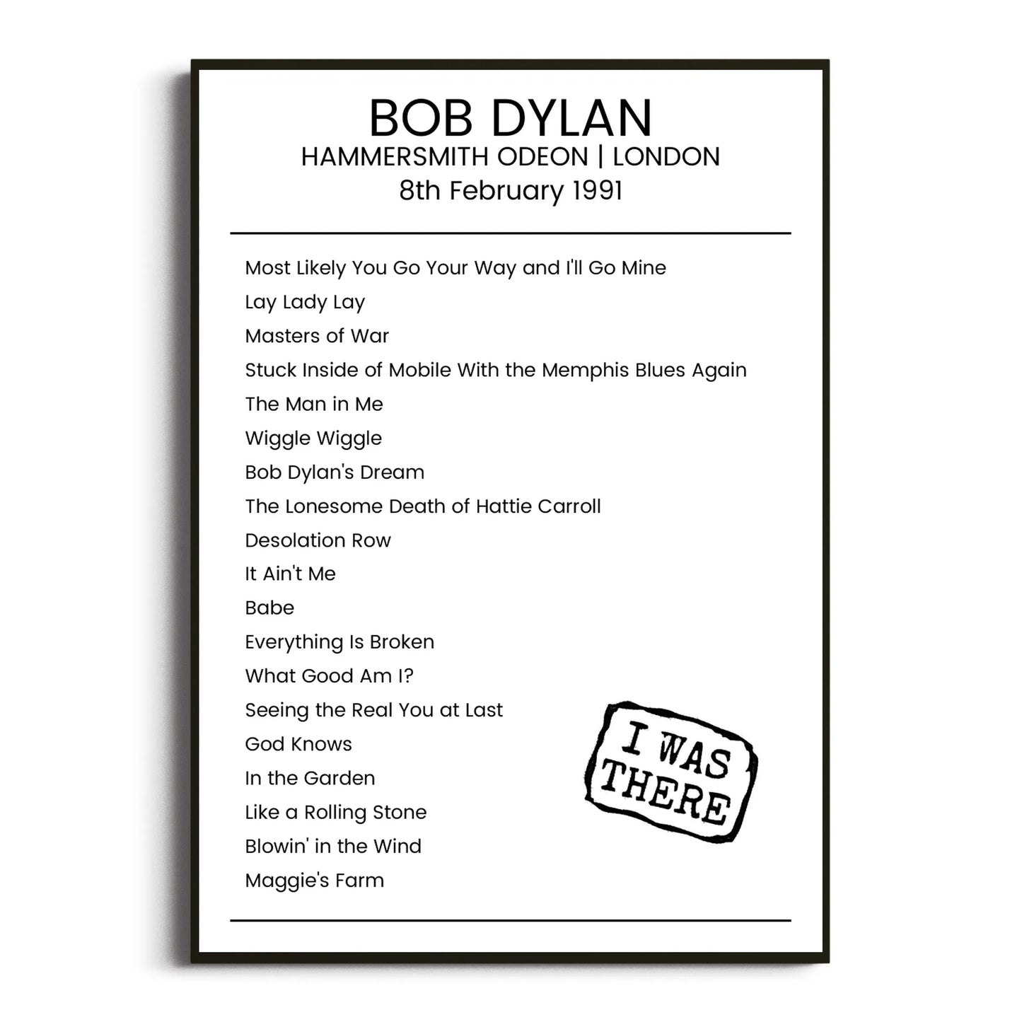 Bob Dylan London 08 February 1991 Setlist Poster