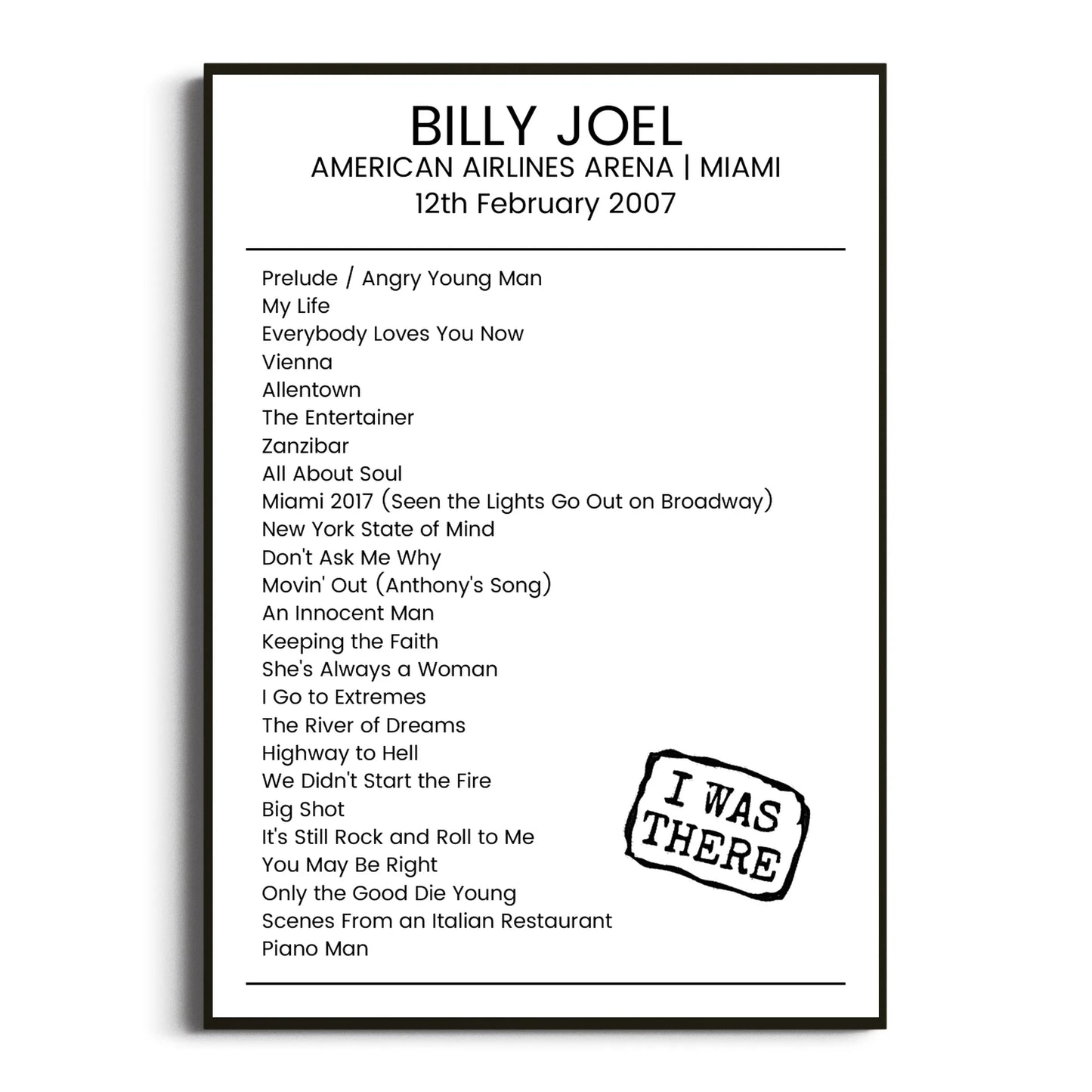 Billy Joel Miami 12 February 2007 Setlist Poster