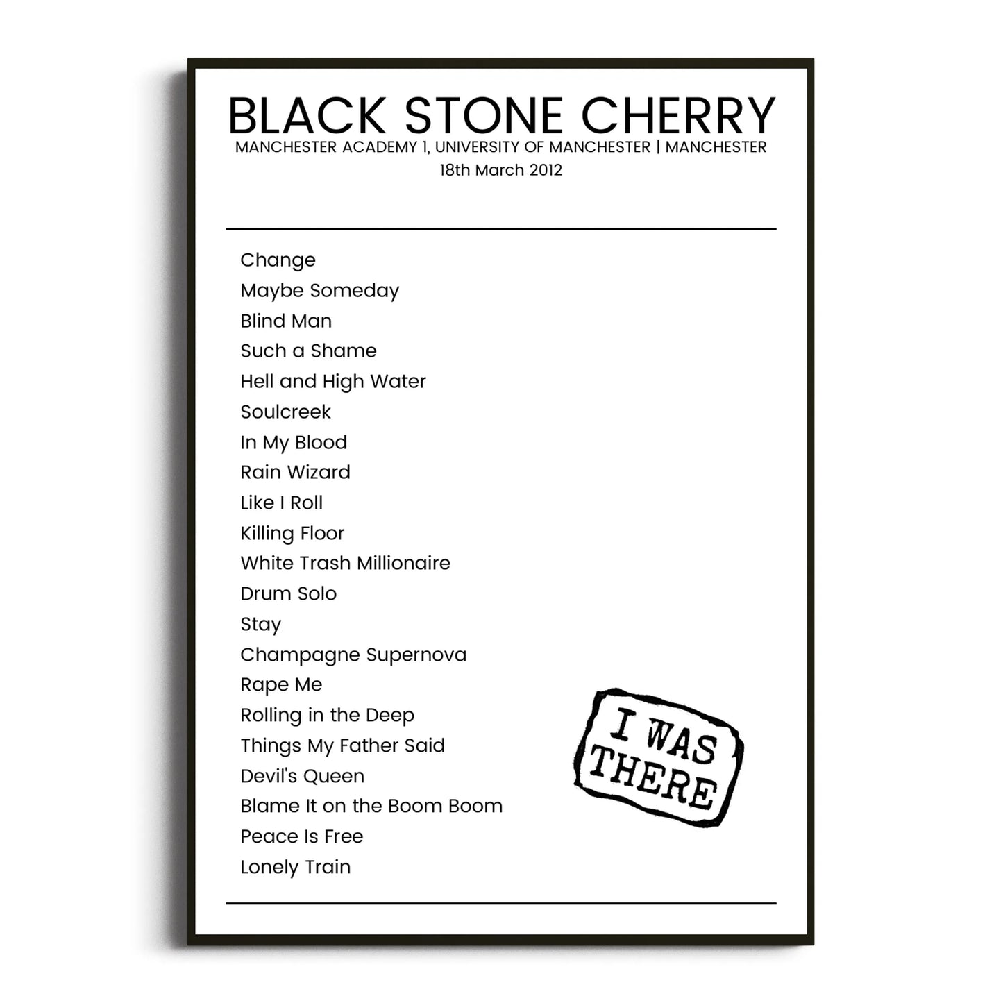 Black Stone Cherry Manchester 18 March 2012 Setlist Poster