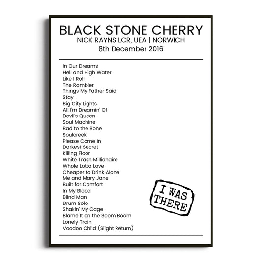 Black Stone Cherry Norwich 08 December 2016 Setlist Poster