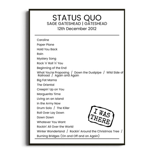 Status Quo Gateshead 12 December 2012 Setlist Poster