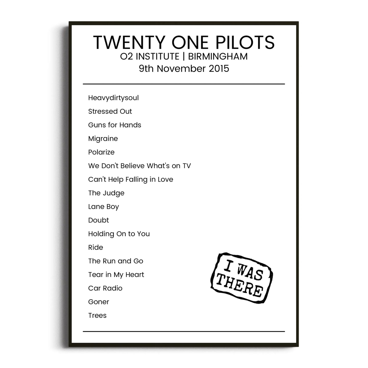 Twenty One Pilots Birmingham 09 November 2015 Setlist Poster