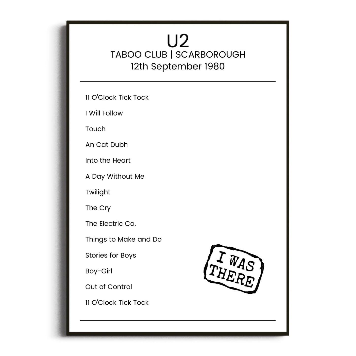 U2 Scarborough 12 September 1980 Setlist Poster