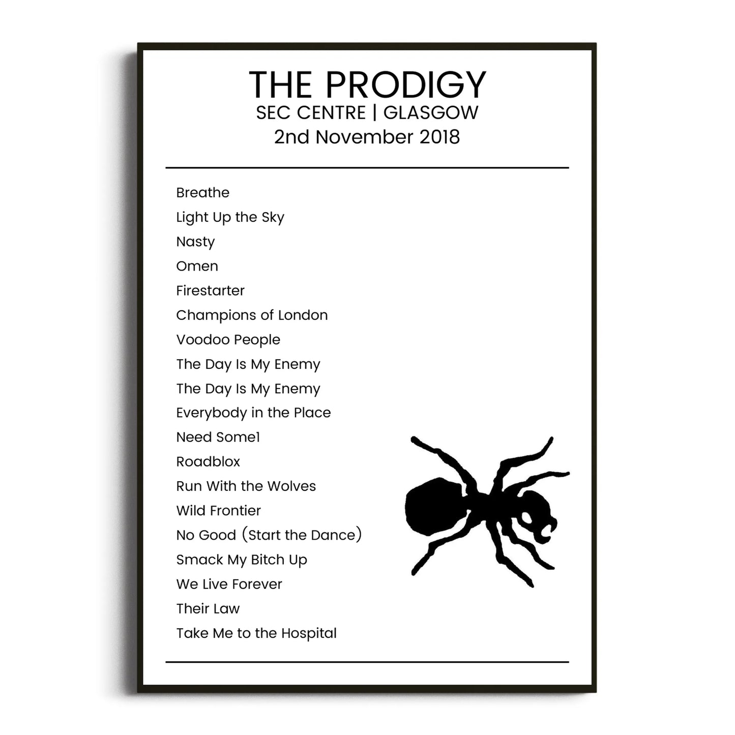 The Prodigy Glasgow 02 November 2018 Setlist Poster