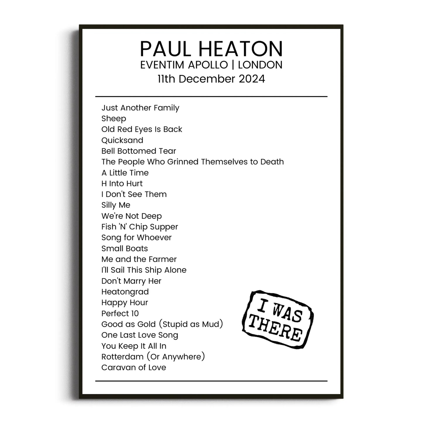 Paul Heaton London 11 December 2024 Setlist Poster