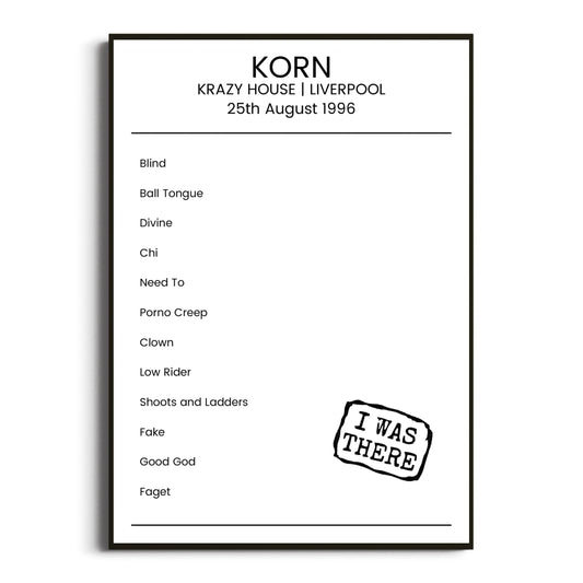 Korn Liverpool 25 August 1996 Setlist Poster