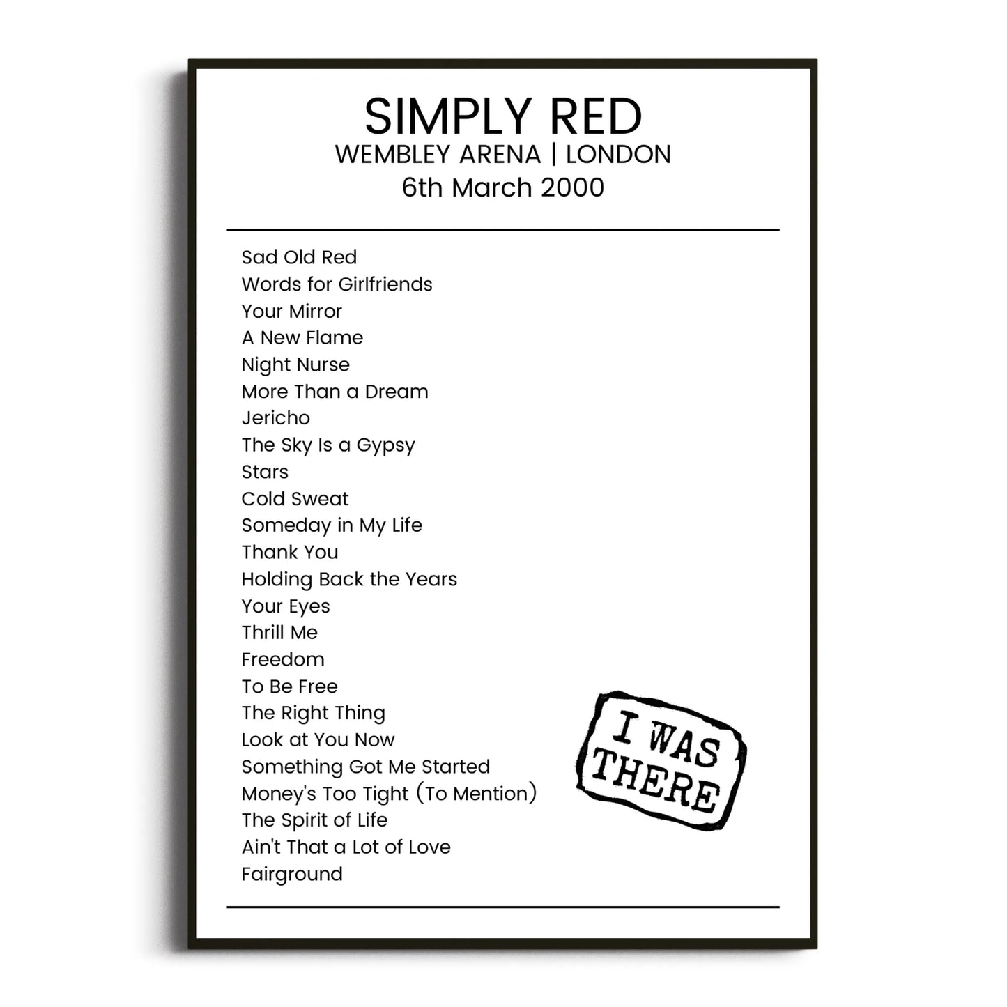 Simply Red London 06 March 2000 Setlist Poster