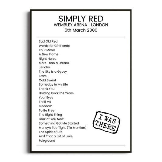 Simply Red London 06 March 2000 Setlist Poster