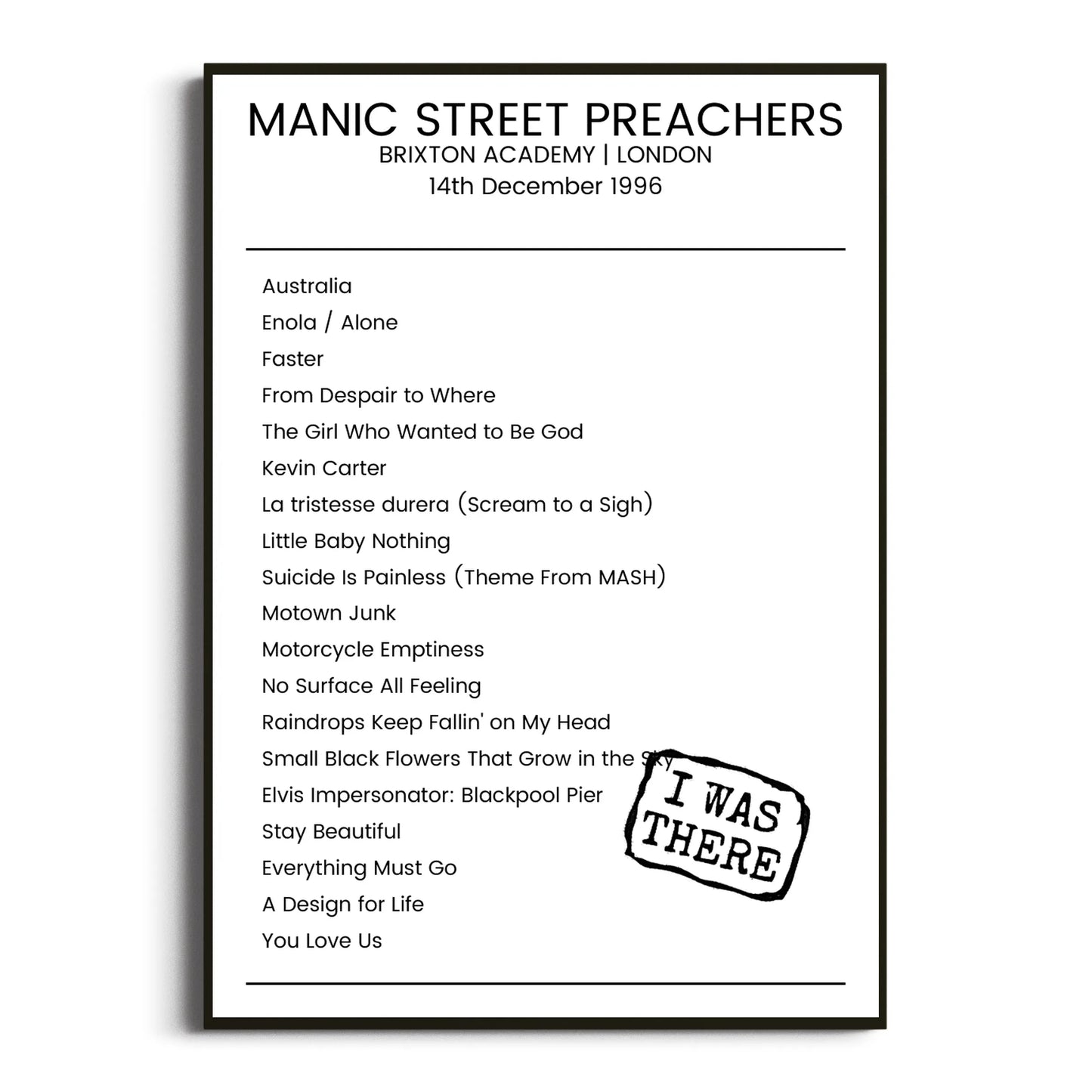 Manic Street Preachers London 14 December 1996 Setlist Poster