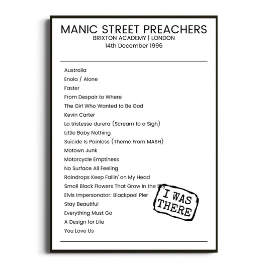 Manic Street Preachers London 14 December 1996 Setlist Poster