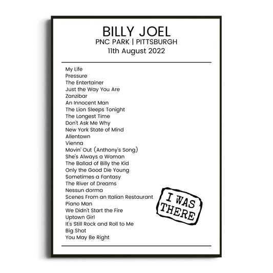 Billy Joel Pittsburgh 11 August 2022 Setlist Poster