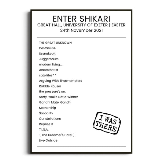 Enter Shikari Exeter 24 November 2021 Setlist Poster