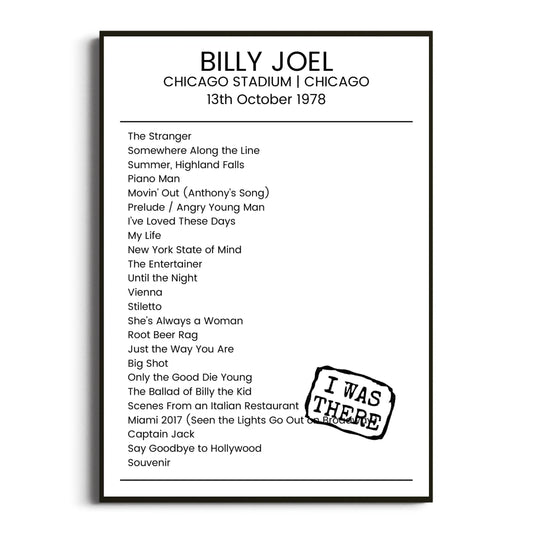 Billy Joel Chicago 13 October 1978 Setlist Poster